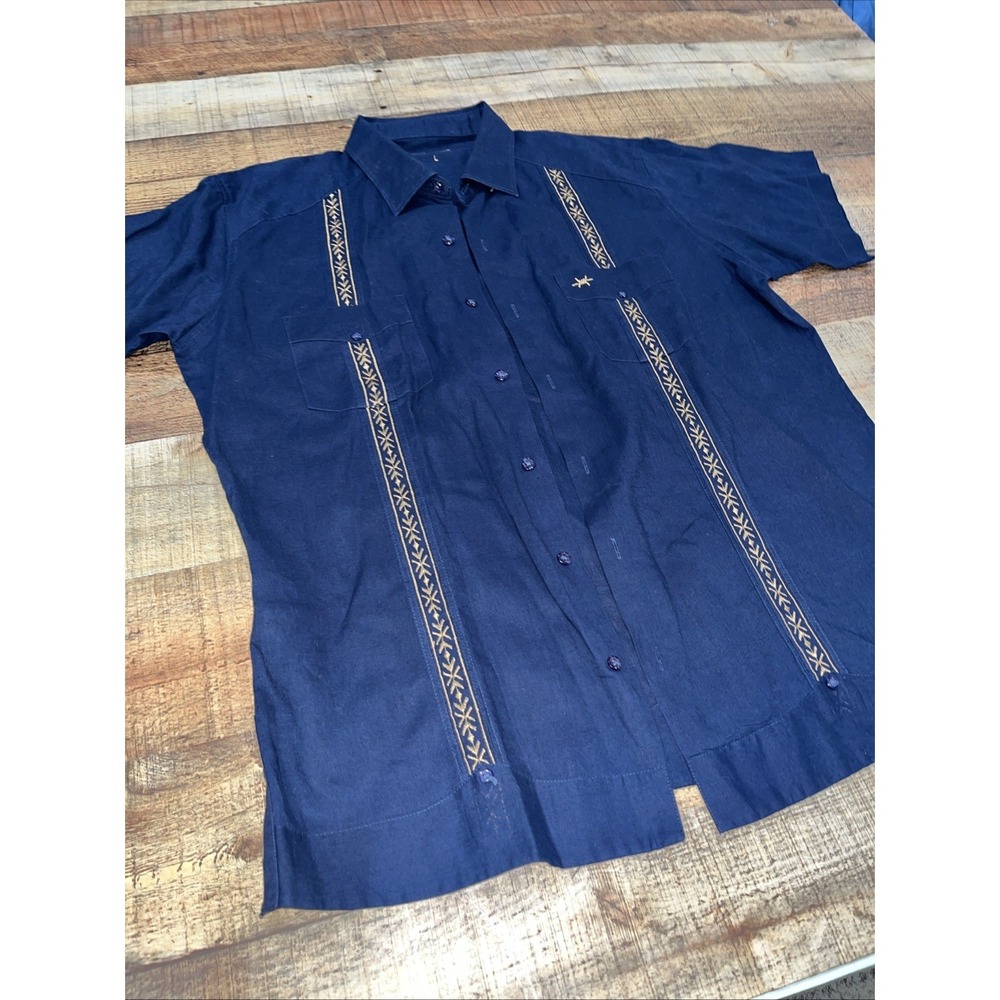 Texas Standard Guayabera Libre Shirt Mens Lg Navy Short Sleeve Outdoor(2712)